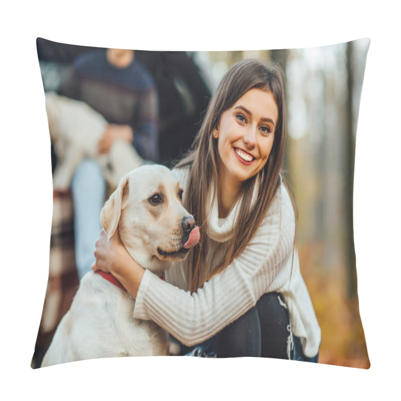 Personality  Beautiful Young Woman Hugging Her Golden Retriver Labrador In The Park. Pillow Covers