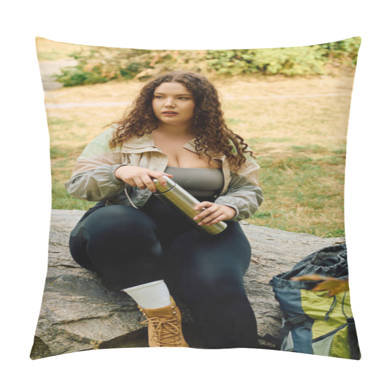 Personality  A Beautiful Plus Size Woman Sits On A Rock, Taking A Break In A Sunny Forest Surrounded By Greenery. Pillow Covers