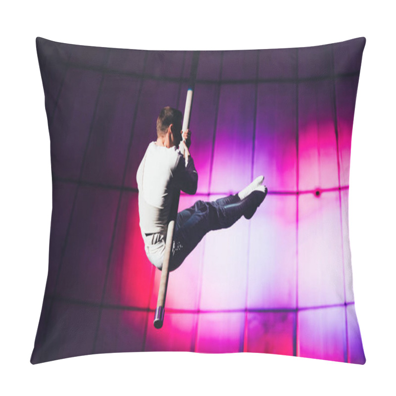 Personality  KYIV, UKRAINE - NOVEMBER 1, 2019: Side View Of Air Gymnast Performing With Pole In Circus  Pillow Covers