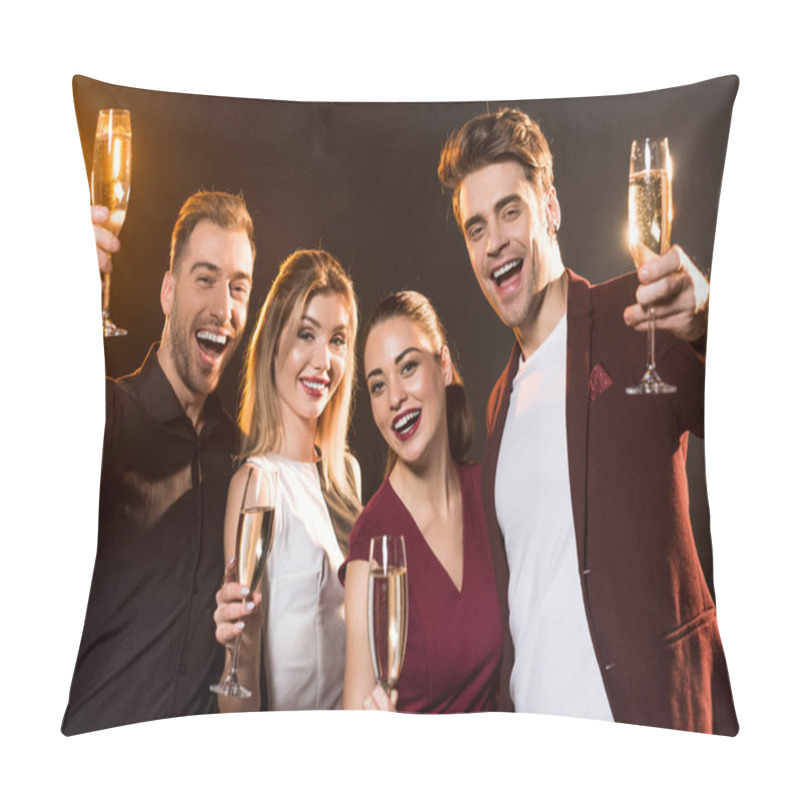 Personality  Group Of Friends Holding Glasses Of Champagne And Looking At Camera During Party On Black Pillow Covers