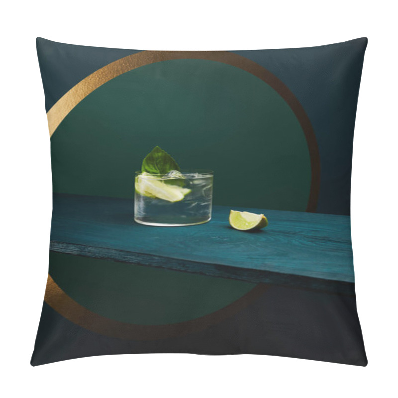 Personality  Glass With Refreshing Drink With Ice Cubes, Mint Leaf And Lime Slice On Wooden Surface On Geometric Blue And Green Background Pillow Covers