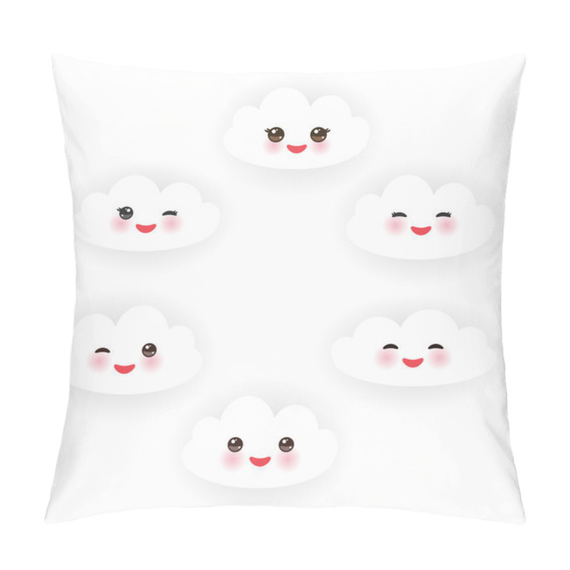 Personality  Kawaii Funny White Clouds Set, Muzzle With Pink Cheeks And Winking Eyes  On White Background. Vector Pillow Covers