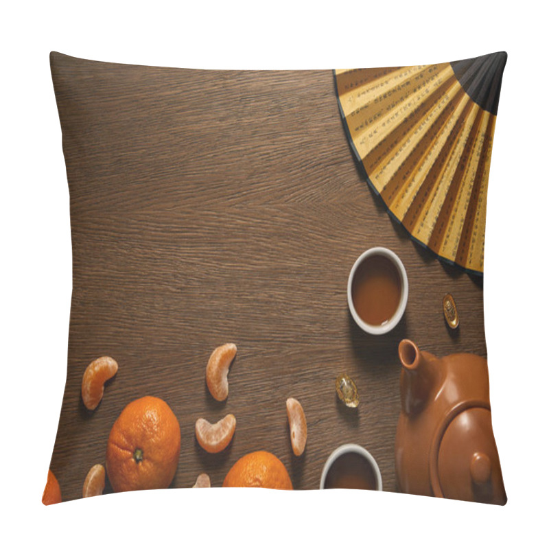 Personality  Top View Of Tea Set, Tangerines, Fan And Coins On Wooden Surface  Pillow Covers