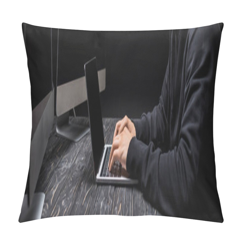 Personality  Panoramic Shot Of Hacker Typing On Laptop Keyboard Isolated On Black  Pillow Covers