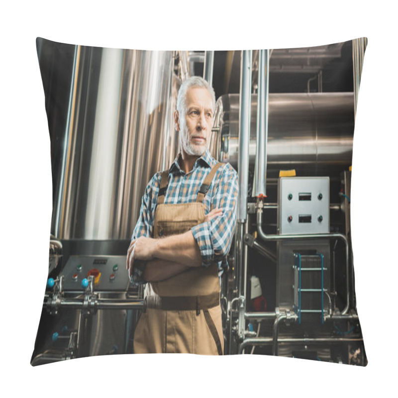 Personality  Handsome Brewer Posing With Crossed Arms In Working Overalls In Brewery Pillow Covers