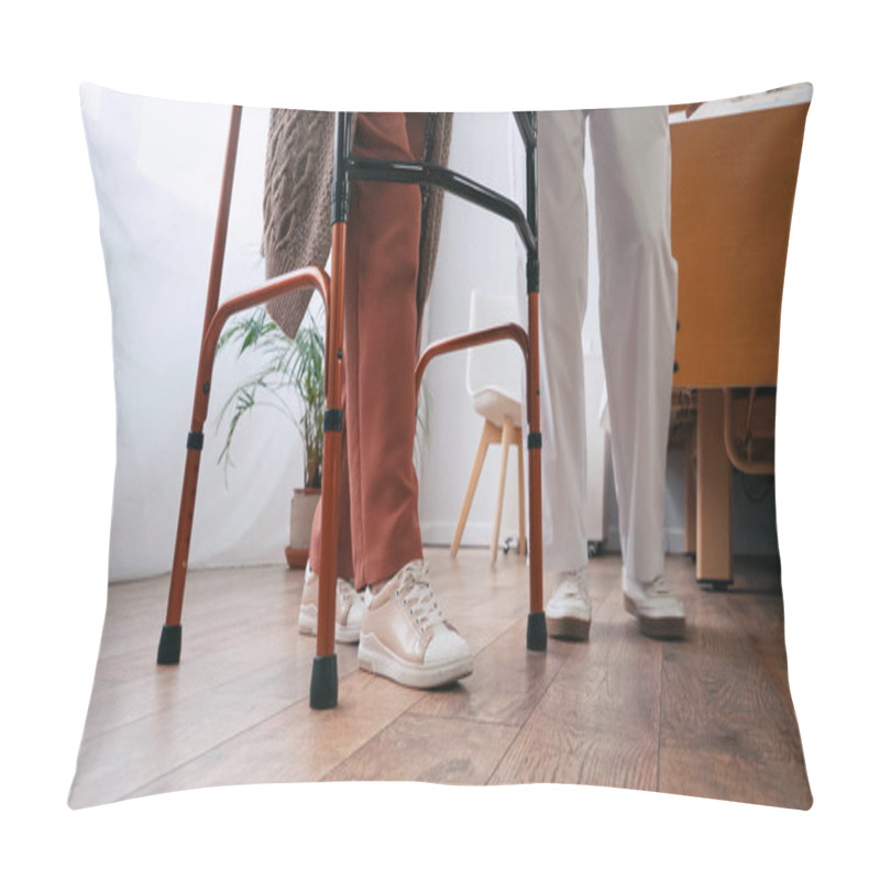 Personality  Partial View Of Senior Woman Stepping With Walkers Near Nurse Pillow Covers