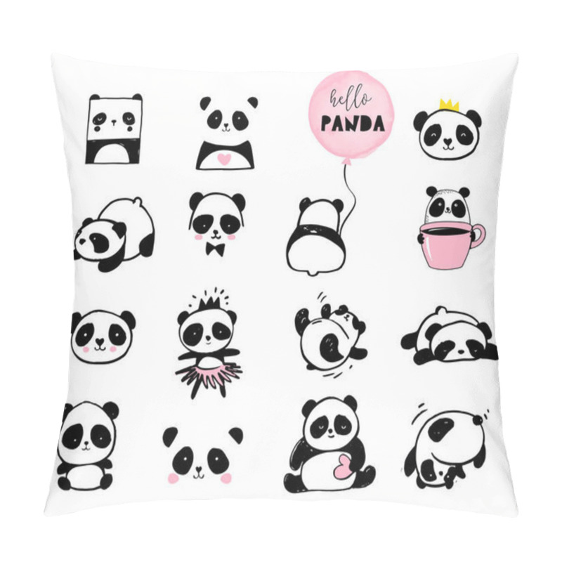 Personality  Cute Panda Bear Illustrations, Collection Of Vector Hand Drawn Elements, Black And White Icons Pillow Covers