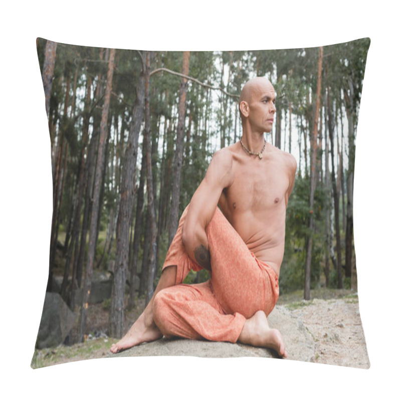 Personality  Shirtless Buddhist Meditating In Lord Of Fishes Pose In Forest Pillow Covers