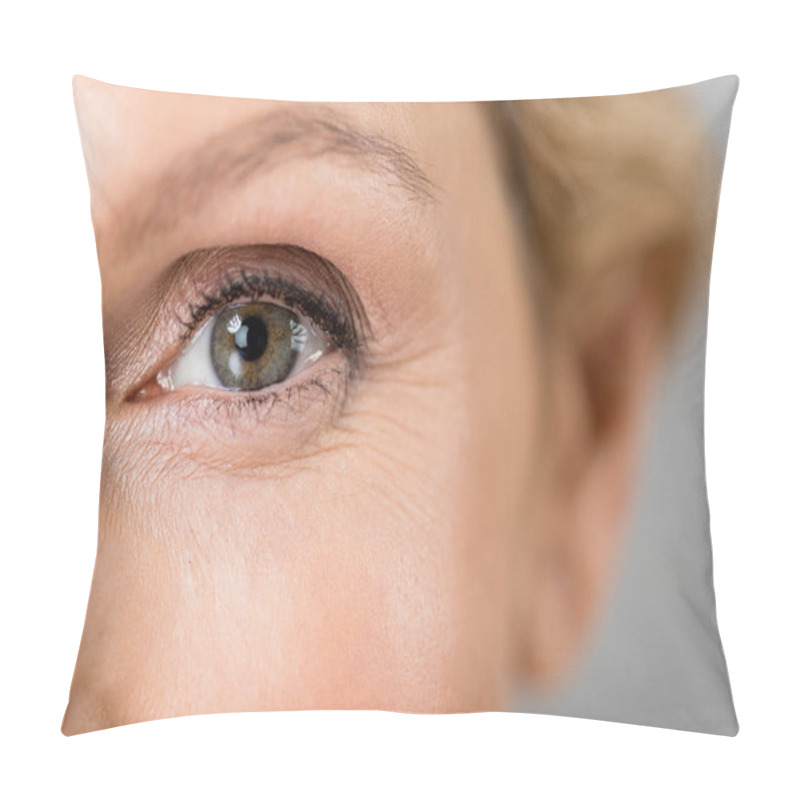 Personality  Selective Focus Of Mature Woman Looking At Camera Isolated On Grey  Pillow Covers