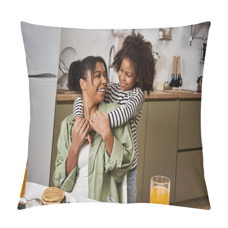 Personality  A Mother Enjoys Playful Affection From Her Daughter While Sharing Breakfast At Home. Pillow Covers