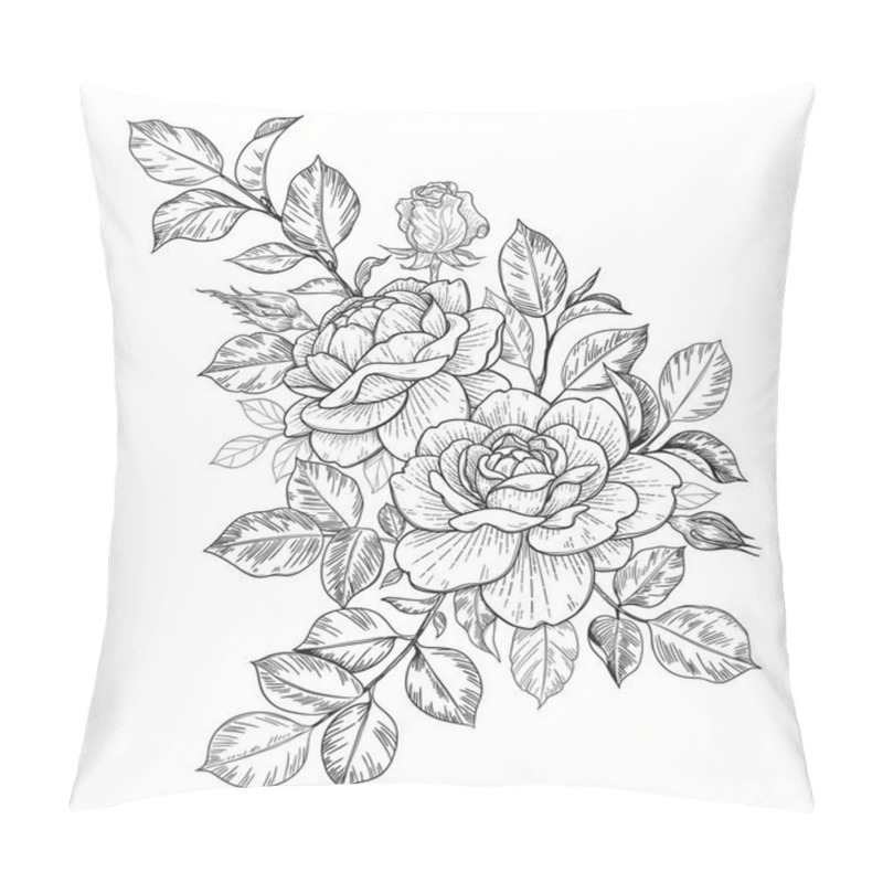 Personality  Hand Drawn Rose Flower, Buds And Leaves Bunch Isolated On White. Vector Line Art Monochrome Elegant Floral Composition In Vintage Style, T-shirt, Tattoo Design, Coloring Page, Wedding Decoration.  Pillow Covers