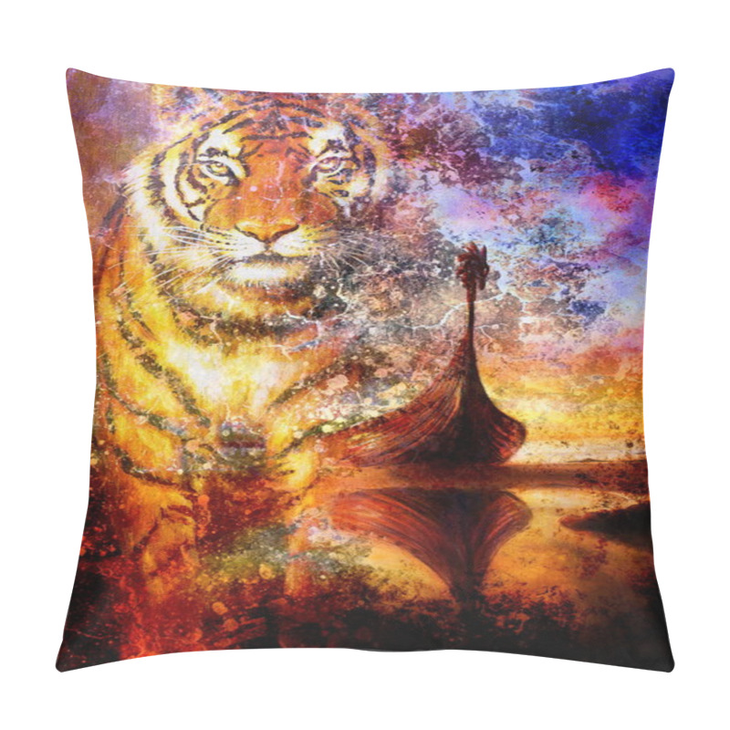 Personality  Viking Boat On The Beach, And Tiger Head, Collage Painting On Canvas, Boat With Wood Dragon.  Structure Background, Red, Orange, Yellow, Black, Violet And Blue Color. Pillow Covers