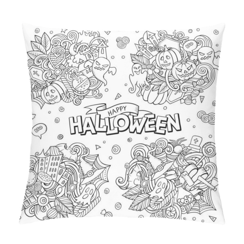 Personality  Halloween Cartoon Vector Doodle Illustration. Sketchy Detailed Designs With Lot Of Separate Objects And Symbols. 4 Composition Set Pillow Covers