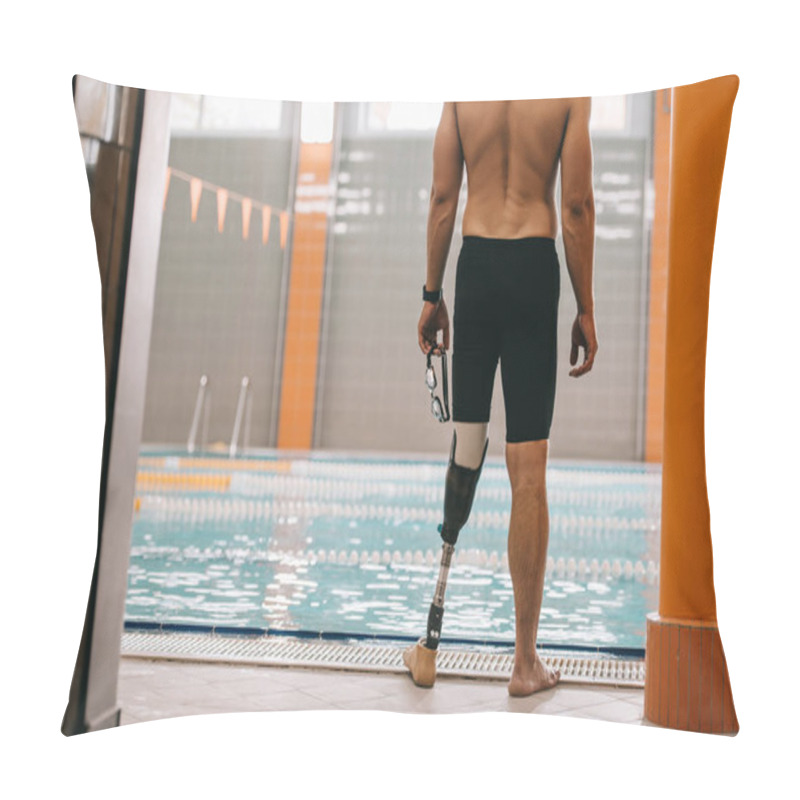 Personality  Cropped Shot Of Sportsman With Artificial Leg Standing In Front Of Indoor Swimming Pool Pillow Covers