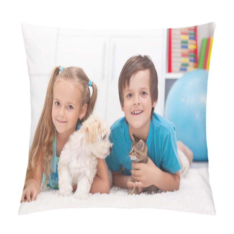 Personality  Happy Kids With Their Pets - A Dog And A Kitten Pillow Covers