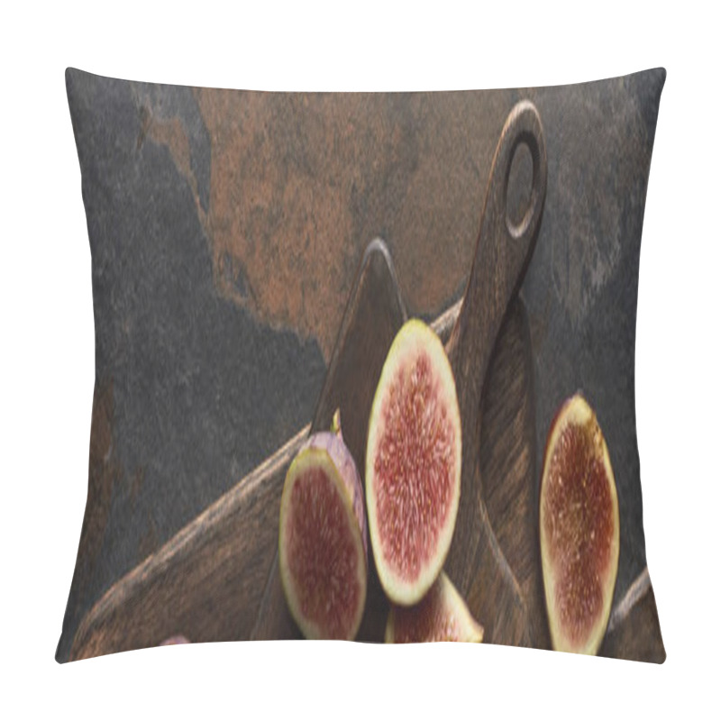 Personality  Top View Of Tasty Figs And Wooden Cutting Boards On Stone Background, Panoramic Shot Pillow Covers