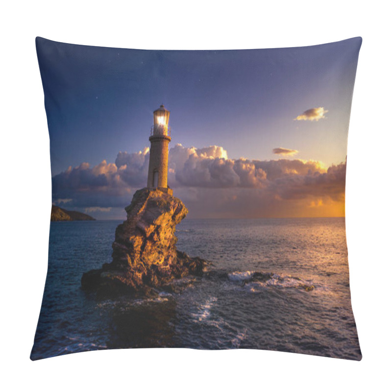 Personality  The Beautiful Lighthouse Tourlitis Of Chora At Night. Andros Island, Cyclades, Greece Pillow Covers