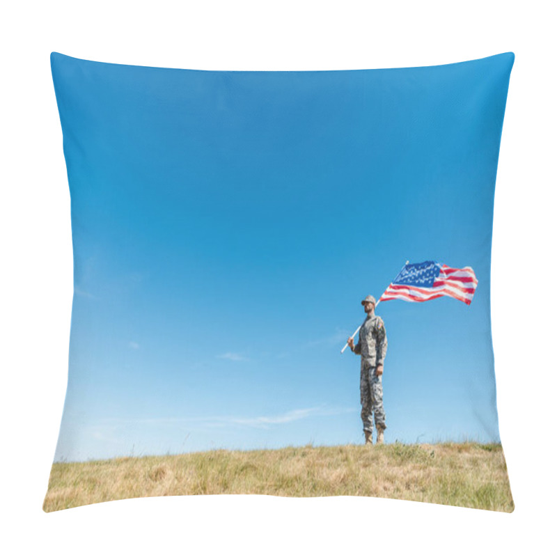 Personality  Handsome Military Man In Uniform Holding American Flag With Stars And Stripes  Pillow Covers