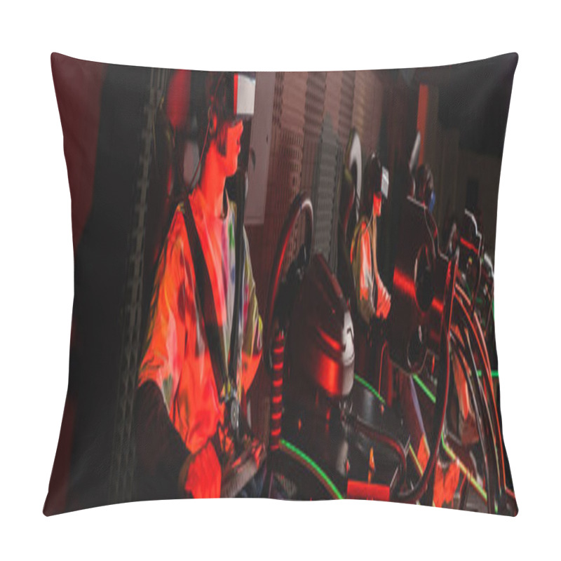 Personality  Amazed Gamer Racing On Car Simulator Near Blurred Friends, Banner Pillow Covers