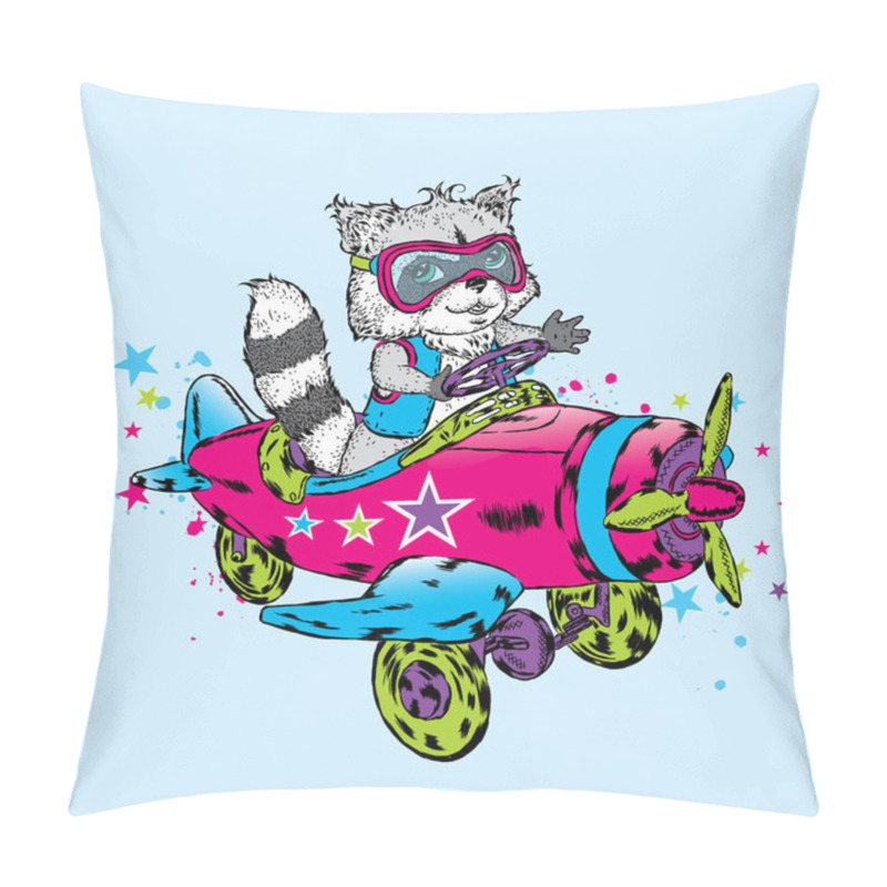 Personality  Cute Raccoon Is Flying On An Airplane. Vector Illustration For A Card Or Poster, Print On Clothes. Charming Animal. Pillow Covers