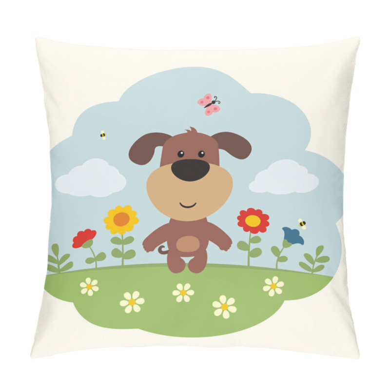 Personality  Greeting Card With Funny Cartoon Character Of Puppy On Flower Meadow With Blue Sky On Background  Pillow Covers