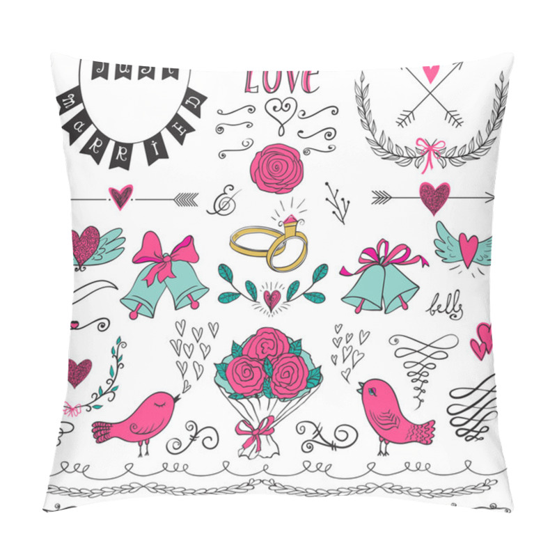 Personality  Wedding Graphic Set, Arrows, Hearts, Birds, Bells, Rings, Laurel, Wreaths, Ribbons And Labels. Pillow Covers