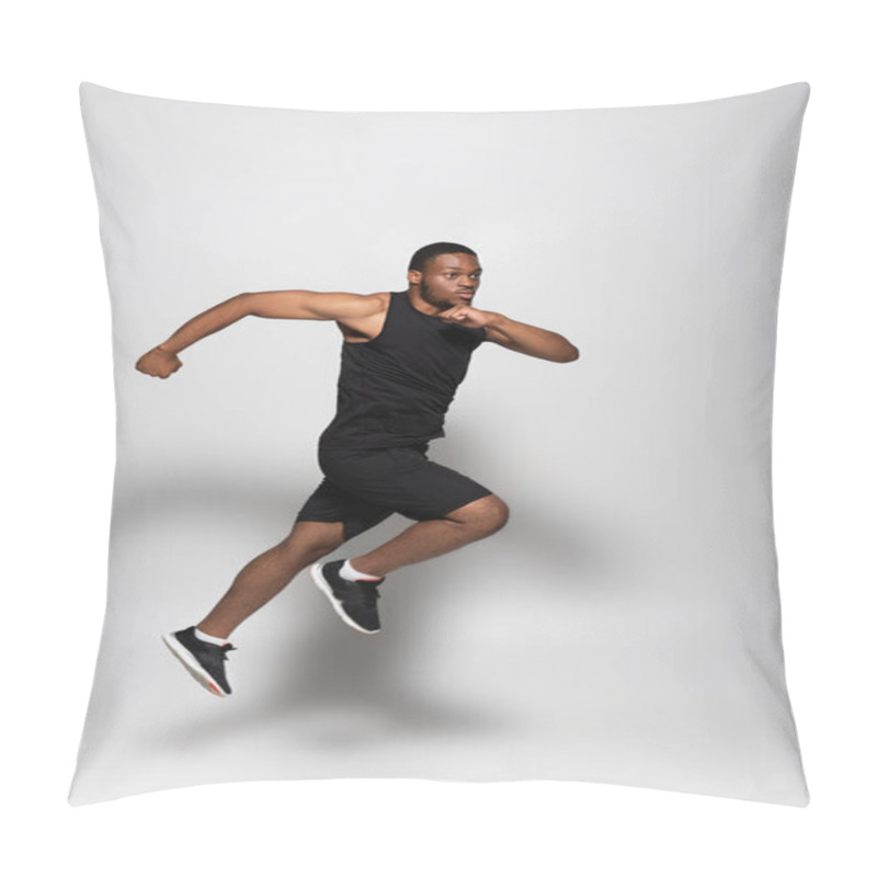 Personality  Full Length Of Fast African American Sportsman Levitating While Running On Grey  Pillow Covers