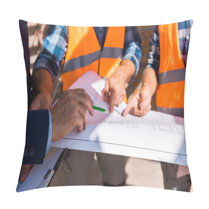 Personality  Cropped View Of Businessman Holding Pencil Near Blueprint And Builders  Pillow Covers