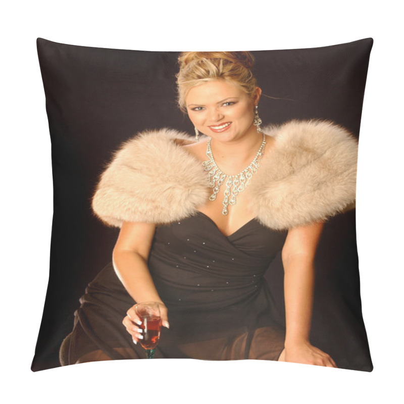 Personality  Sliver Necklace And Earrings Black Formal Dinner Dress Tan Fur Stole Elegant Blonde Sitting Down Drinking A Glass Of Pink Wine Getting Ready To  Of Go Out To Fashionably Affair   Pillow Covers