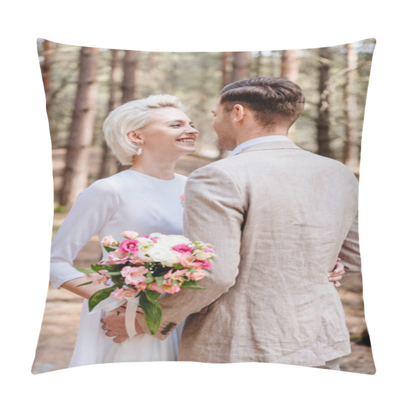 Personality  Just Married Couple In Formal Wear Embracing And Looking At Each Other In Forest Pillow Covers