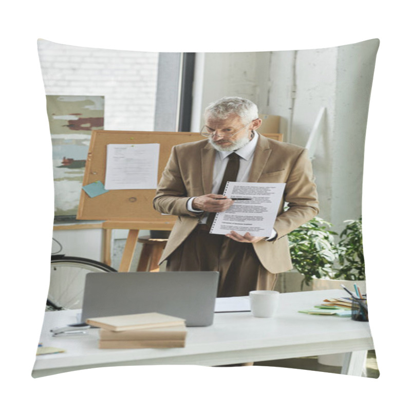 Personality  A Middle-aged Teacher With A Beard Lectures His Online Class From His Home Office, Holding A Paper And Using A Laptop. Pillow Covers