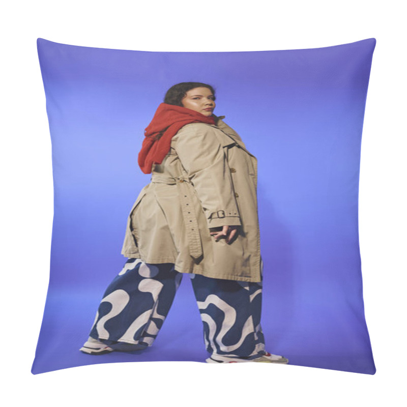 Personality  A Plus Size Woman Exudes Confidence While Modeling Stylish Streetwear With Flair And Attitude. Pillow Covers