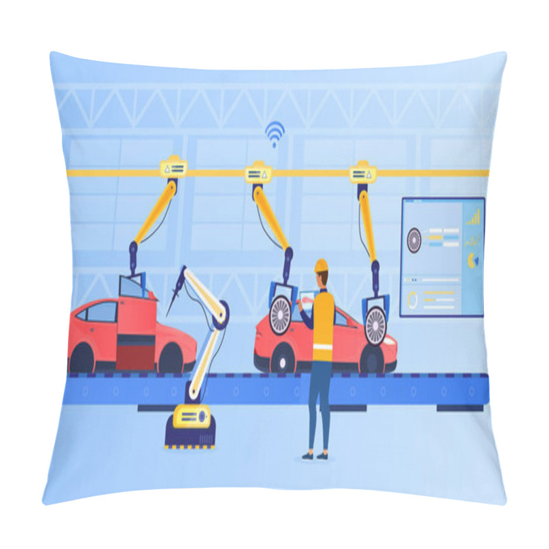 Personality  An Engineer At A Futuristic Factory Sets Up An Assembly Line Using A Tablet. Automotive Line. Industry Technology Concept. Car Production. Industry 4.0. Production Automation. Flat Vector Illustration Pillow Covers