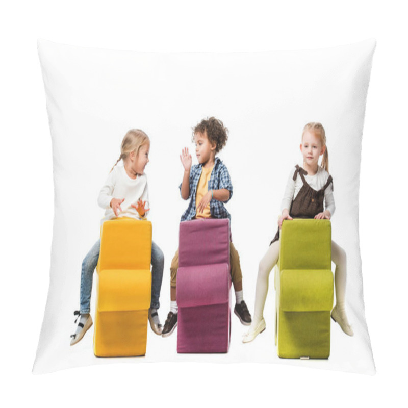 Personality  Multiethnic Children Sitting On Puzzle Chairs, Isolated On White Pillow Covers