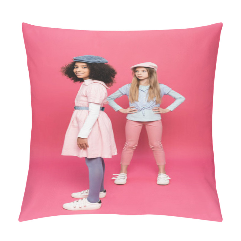 Personality  Stylish Girl Posing With Hands On Hips Near Happy African American Girl Looking At Camera On Pink Pillow Covers