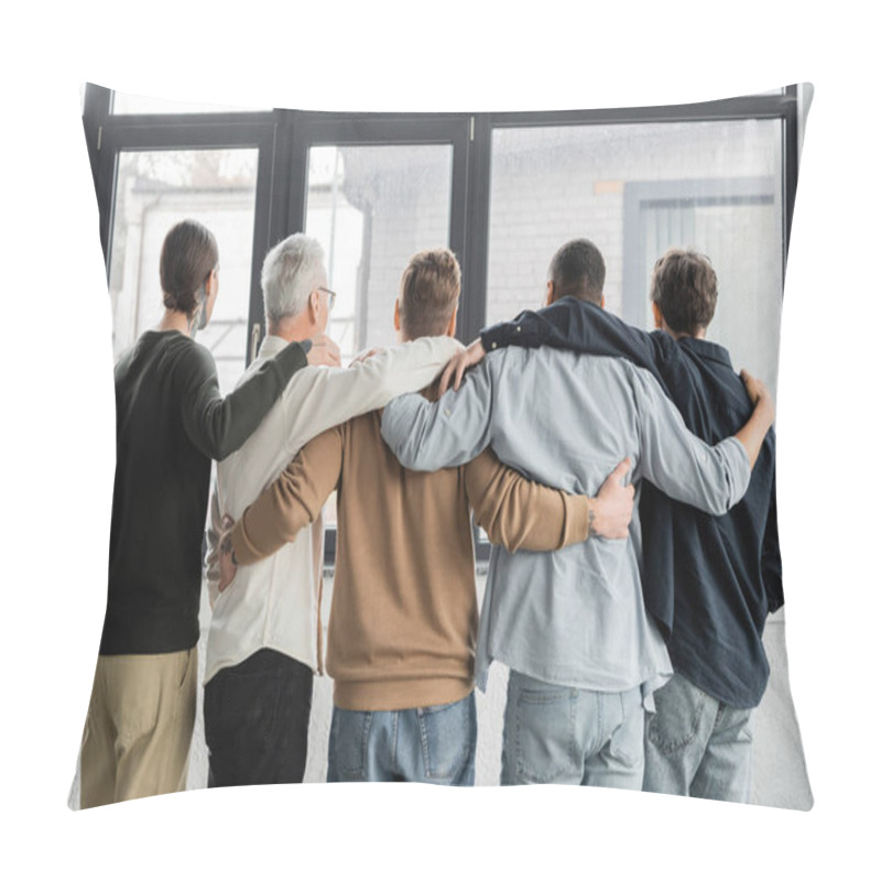 Personality  Back View Of Interracial Men With Alcohol Addiction Hugging In Rehab Center  Pillow Covers