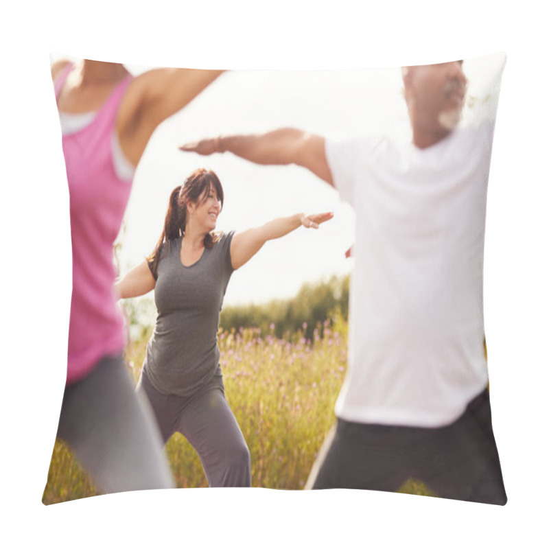 Personality  Group Of Mature Men And Women In Class At Outdoor Yoga Retreat Pillow Covers