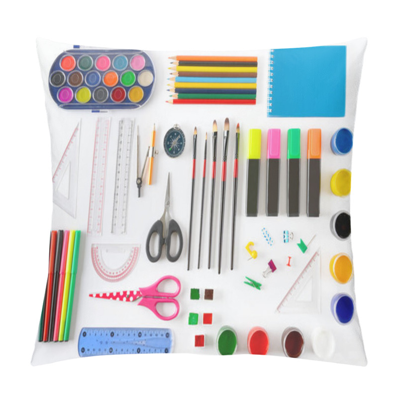 Personality  Set Of School Supplies On White Background. Paint, Pencils, Notepad, Brushes, Scissors. Top View. Pillow Covers