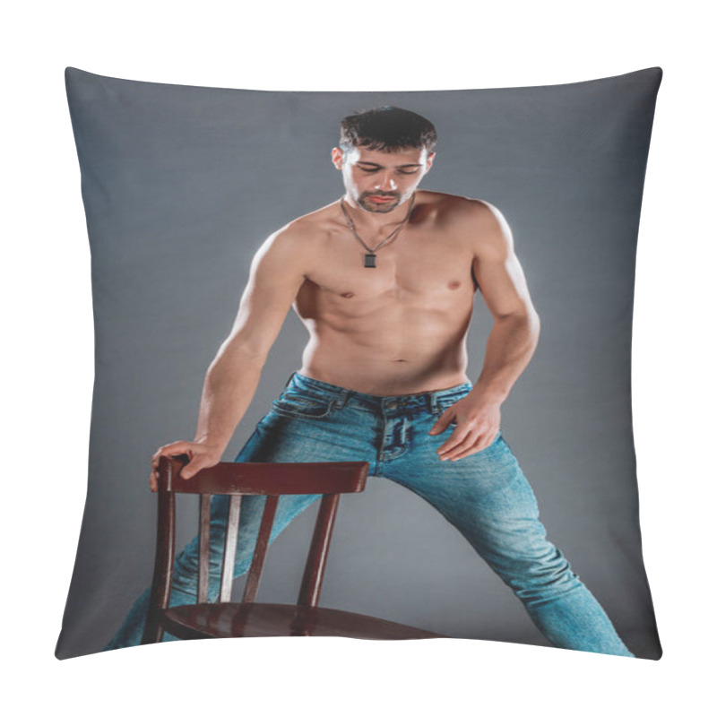 Personality  Attractive Young Male Model Posing Half Naked In Stylish Blue Jeans Pillow Covers