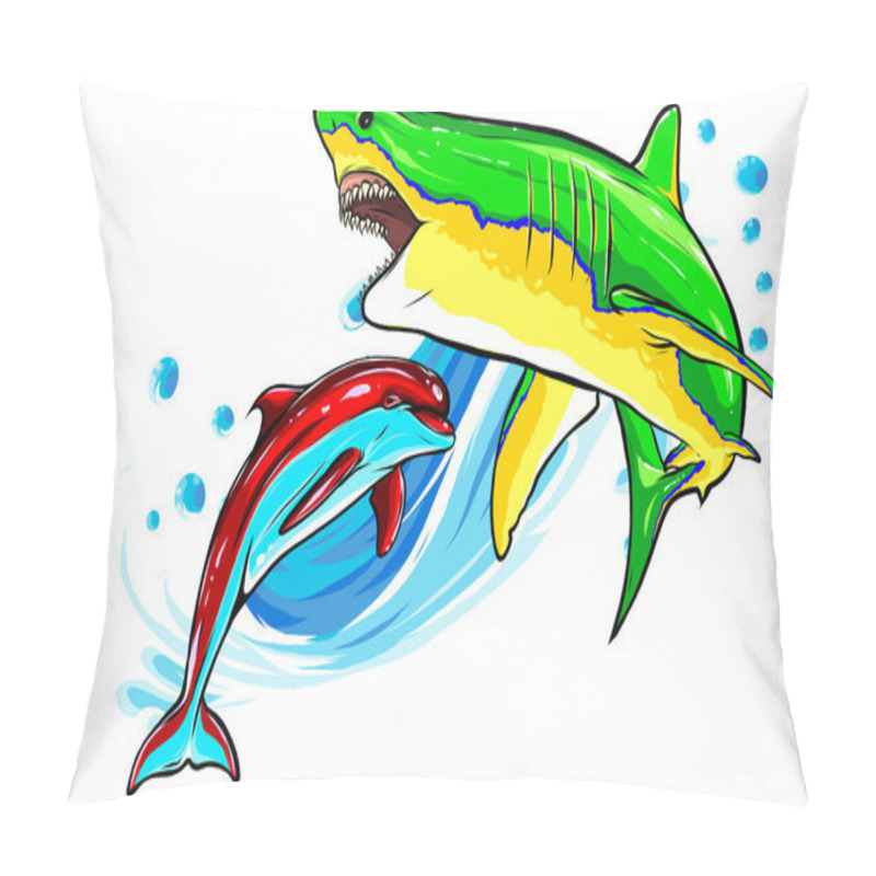 Personality  Illustration Dolphin And Shark. Funny Cartoon And Vector Isolated Characters. Pillow Covers