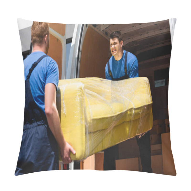 Personality  Selective Focus Of Movers Unloading Sofa In Stretch Wrap In Truck Outdoors  Pillow Covers