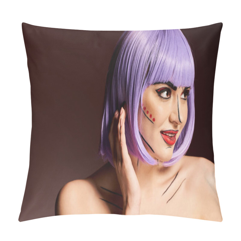 Personality  A Creative Woman With Purple Hair And Pop Art Makeup Strikes A Glamorous Pose. Pillow Covers