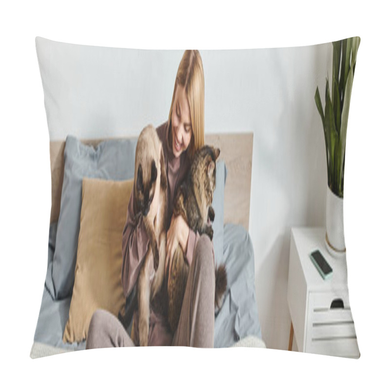 Personality  A Stylish Woman Relaxes On A Bed With Two Cats, Enjoying Peaceful Moments Together At Home. Pillow Covers