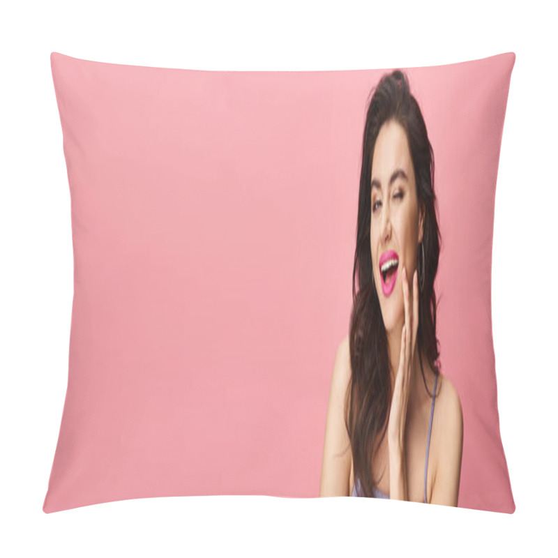 Personality  An Attractive Woman Shows Surprise On A Vibrant Backdrop. Pillow Covers