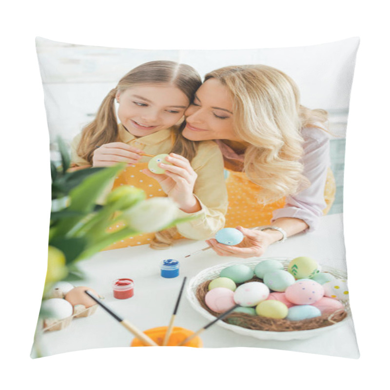 Personality  Selective Focus Of Happy Mother Near Cute Daughter Painting Easter Egg  Pillow Covers