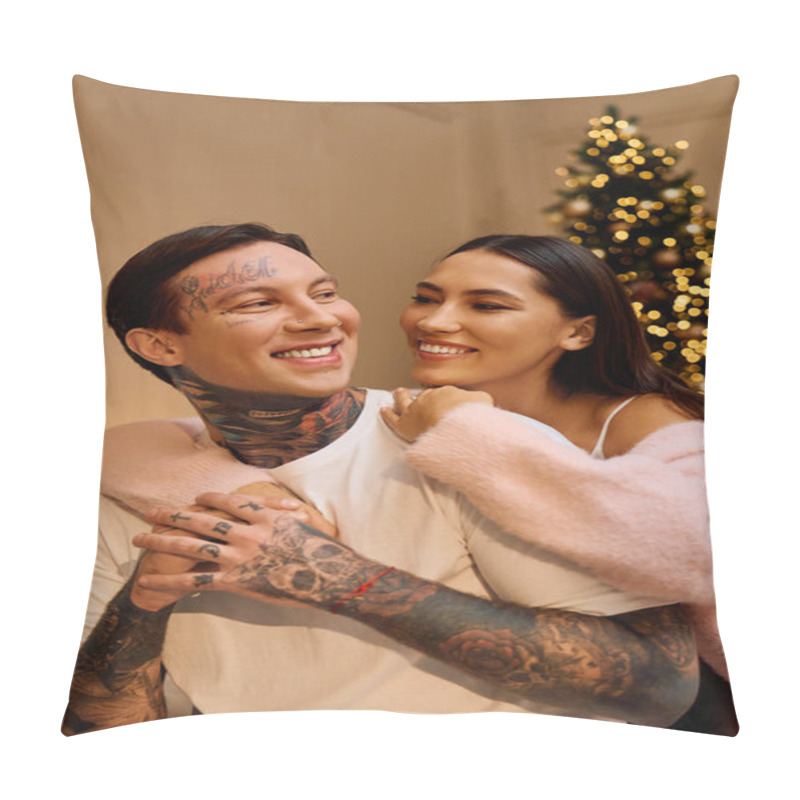 Personality  Two Young Lovers Embrace Warmly While Smiling By The Festive Lights Of A Holiday Tree. Pillow Covers