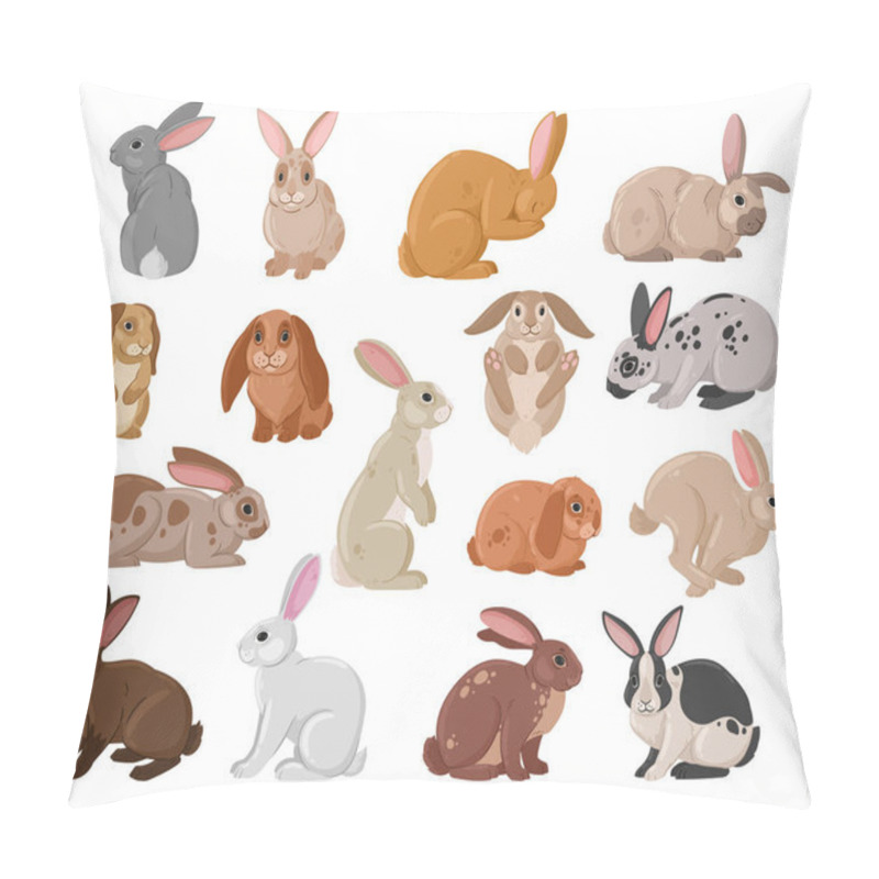 Personality  Cartoon Cute Rabbits. Wildlife Funny Bunny, Spring Eared Hare Animals, White And Brown Fur Domestic Bunnies Flat Vector Illustration Set. Spring Holiday Rabbits Collection Pillow Covers