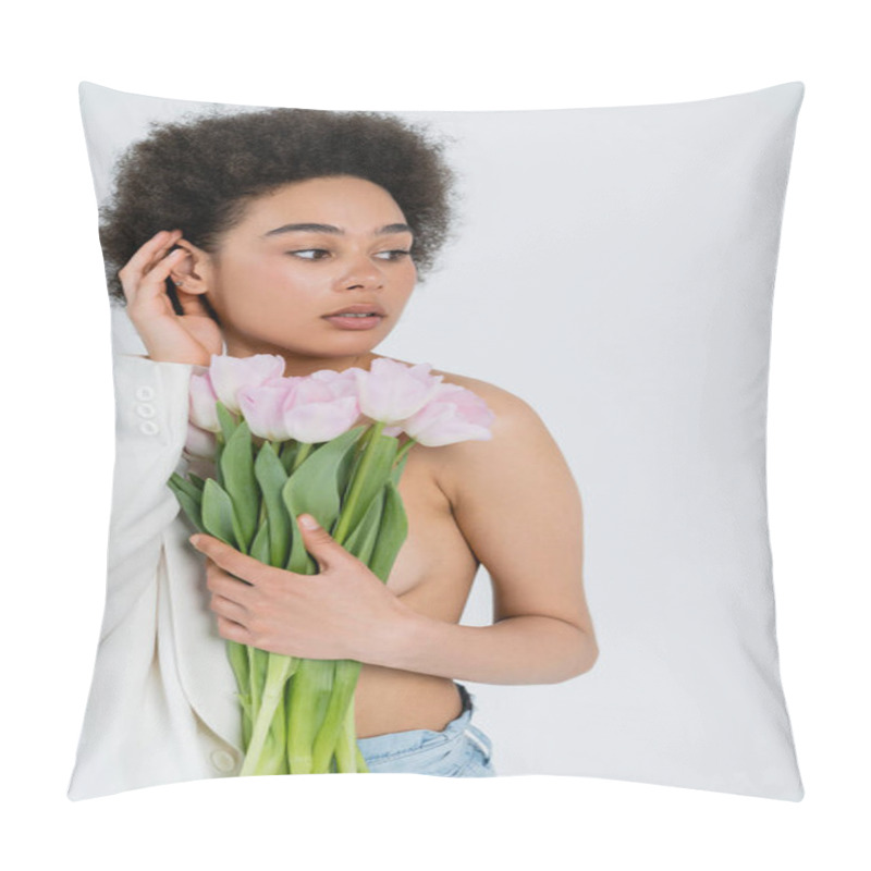 Personality  Stylish African American Woman In Jacket With Naked Shoulder Holding Flowers Isolated On Grey  Pillow Covers