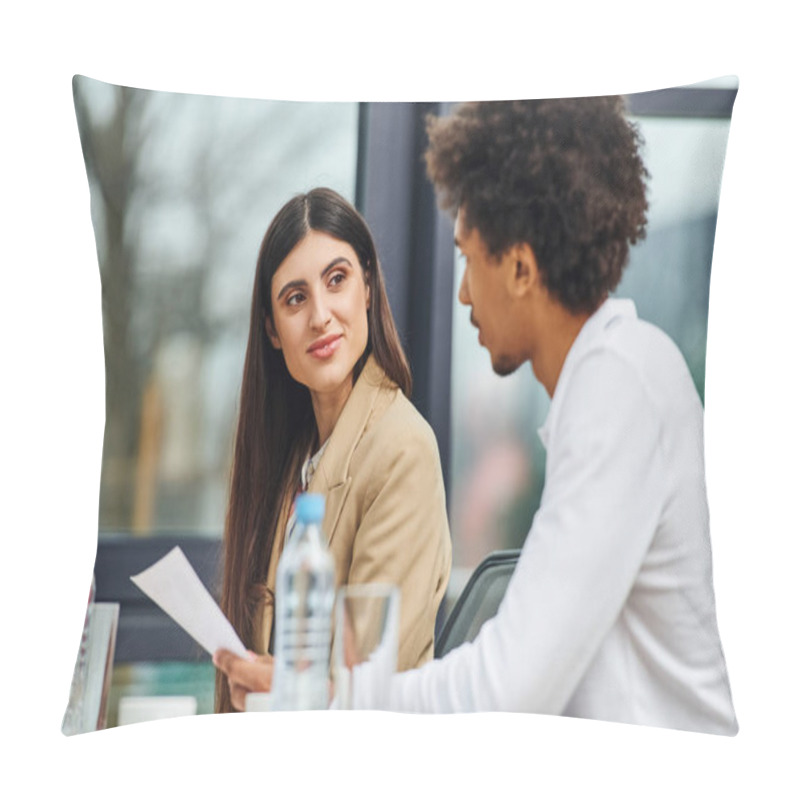 Personality  A Man And Woman Engaged In A Deep Conversation While Sitting At A Table. Pillow Covers