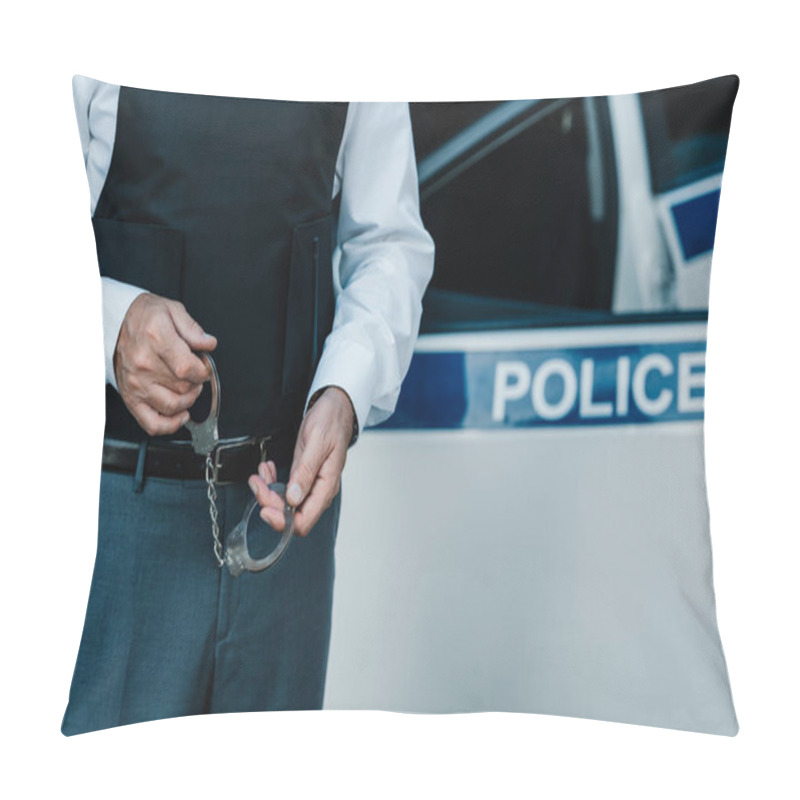 Personality  Partial View Of Male Police Officer Holding Handcuffs Near Car At Street Pillow Covers